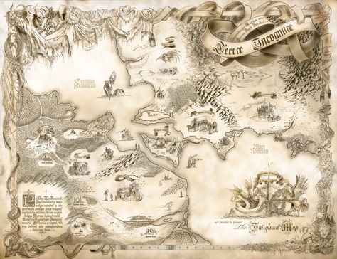 Udy Ohanna's "The Fairyland Map" (2011). Dnd Fairytale, Map Illustrations, Dragon Symbol, Story Maps, Fantasy Map Making, Village Map, Fantasy World Map, Unique Flags, Misty Mountains