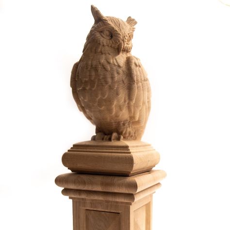 This wooden newel finial is decorated with a figure of an Owl - the symbol of wisdom and knowledge. Such piece of decor can be a perfect finishing touch for your staircase that will give it a unique and complete look. Professional processing and grinding allowed us to achieve a smooth, soft surface without any defects, which is convenient to stain and varnish. And manual refinement made it possible to get an accurate and detailed relief. The product is made according to the highest quality stand Owl Wood Carving, Oak Newel Post, Wood Rosettes, Newel Post Caps, Peacock Photos, Owl Statue, Wooden Packaging, Post Caps, Wood Owls