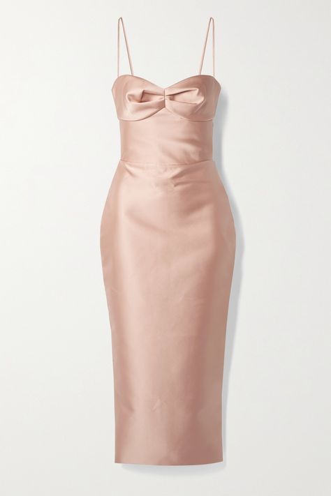 Blush · Duchesse-Satin · Midi dress is elegant in its simplicity. Made from blush duchesse-satin, it has ruched cups and a lightly padded bodice that nips in at the waist. It's fully lined in crepe de chine and has a generous back vent so you can move comfortably on the dance floor. Blush Midi Dress, Metallic Accessories, Blush Dress, Designer Maxi Dress, Dress Classy, Womenswear Fashion, Amina Muaddi, On The Dance Floor, Date Night Dresses