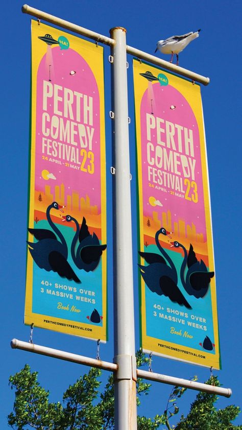 Perth Comedy Festival Event Signage Design. I had so much fun designing something for my hometown. Inspired by sunsets over the Indian Ocean and the black swan which is native to West Australia. Festival Flag Design, Event Signage Design, Festival Design Poster, Festival Signage, Selfie Point, West Australia, The Black Swan, Branding Design Studio, Comedy Festival