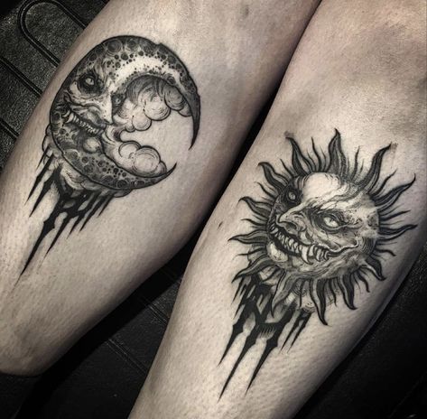 Creepy Sun And Moon Tattoo, Horror Couple Tattoos, Dark Sun Tattoo, Satanic Tattoos, Goth Tattoo, Devil Tattoo, Scary Tattoos, Creepy Tattoos, Sun Tattoos