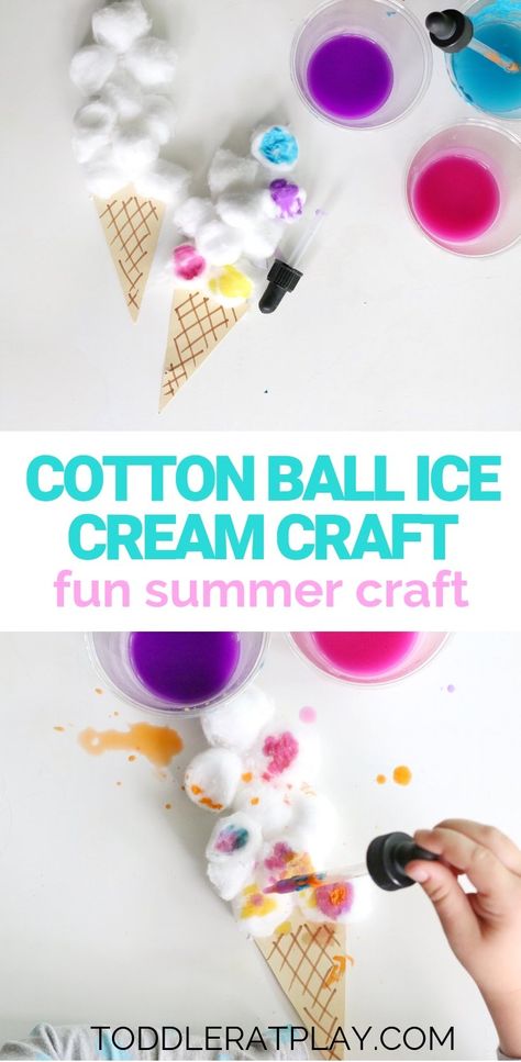 Cotton Ball Ice Cream Craft - Toddler at Play | Kids Crafts & Activities - Crafts Ice Cream Craft, Cotton Ball Crafts, Ice Cream Crafts, June Crafts, August Crafts, Fun Summer Crafts, Morning Tubs, Ice Cream Art, Kids Thanksgiving