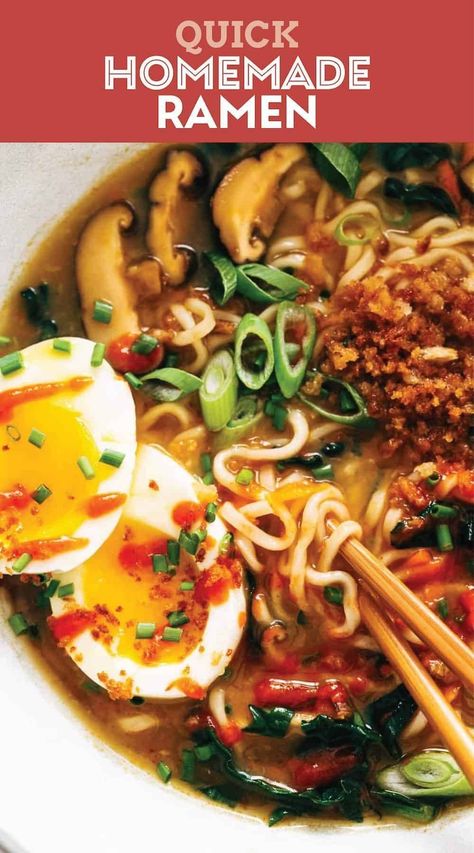 Quick Homemade Ramen! Take the usual ramen up a notch with this quick homemade ramen. Fresh veggies and herbs make this extra delicious, healthy, and cozy! #ramen #homemade #noodles Traditional Ramen Recipe, Ramen Soup Recipes Easy, Easy Ramen Recipes, Ramen Homemade, Steak Ramen, Easy Ramen Noodle Recipes, Healthy Ramen Recipes, Ramen Noodle Recipes Soup, Best Ramen Noodles