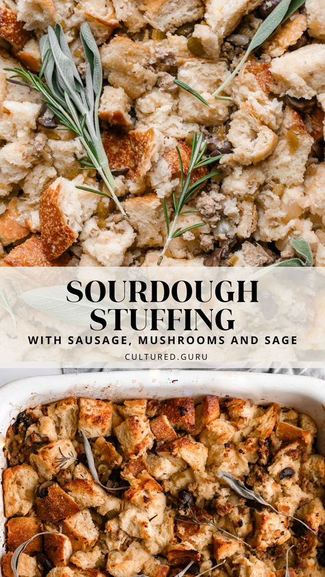 Sourdough stuffing is the most delicious Thanksgiving side dish. Made from scratch with sourdough bread, portobello mushrooms, pork sausage, and sage, this sourdough sausage stuffing will impress your dinner guests! #sourdough #stuffing #thanksgiving #sides Sourdough Stuffing Thanksgiving, Sourdough Stuffing Recipes, Sourdough Stuffing, Stuffing With Sausage, Stuffing Thanksgiving, Portobello Mushroom Recipes, Sausage Stuffing, Discard Recipes, Thanksgiving Side Dish