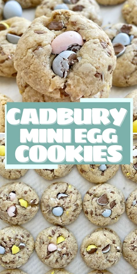 Cadbury Cookies, Cadbury Mini Egg Cookies, Mini Egg Cookies, Pastel Chocolate, Mini Eggs Cookies, Easter Cookie Recipes, Egg Free Cookies, Carrot Cake Bars, Egg Cookies