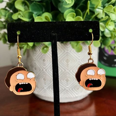 Gold Hooks, Rick And Morty, Gold Enamel, Scream, Drop Earrings, Fan, Gold