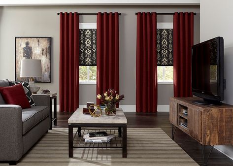 Maroon Living Room, Grey And Red Living Room, Burgundy Living Room, Living Room Red, Custom Drapes, Home Decorators, Living Room Decor Apartment, A Living Room, Home Decorators Collection