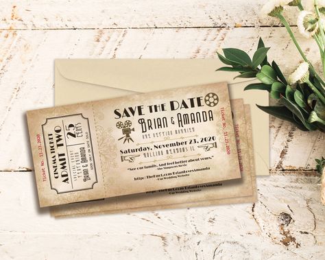 Excited to share this item from my #etsy shop: Save The Date: Old Time Cinema Ticket, Vintage Movie Ticket, Digital or Printed and shipped with envelopes included Vintage Movie Ticket, Movie Ticket, Cinema Ticket, Unique Save The Dates, Rustic Save The Dates, Save The Date Designs, Printable Wedding Sign, Handmade Sellers, Movie Tickets