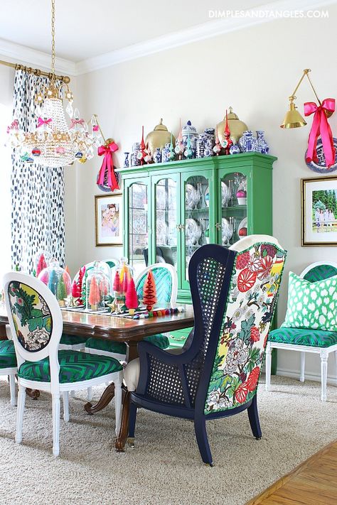 Dining Room Inspiration Eclectic, Mismatch Chairs Dining Table, Entry Dining Room Combo, Green China Cabinet, China Cabinet Makeover, Paint Color Guide, Dimples And Tangles, Green China, Christmas Dining Room