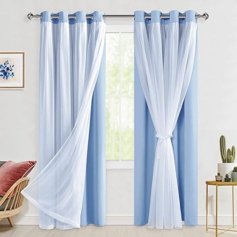 Amazon.com: Hiasan Baby Blue Blackout Curtains with Sheer 84 Inches Long, Thermal Insulated Mix Match Double Layer Room Darkening Curtains for Bedroom, Living Room, 2 Window Drape Panels with Tiebacks, 52W X 84L : Home & Kitchen Navy Blue And White Curtains, Mix Match Curtains, Navy And White Curtains, Curtains For Girls Bedroom, Curtains Double, Girls Bedroom Curtains, Navy Curtains, Blue Blackout Curtains, Black Blackout Curtains