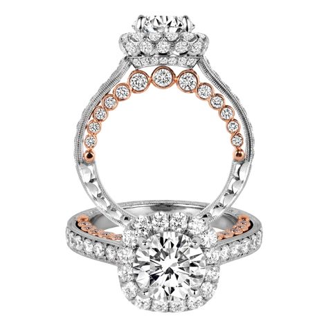 Searching for a truly exceptional engagement ring that combines platinum with rose gold? Then take a look at this setting from Jack Kelége's collection: it features a raised gallery, enticing cushion-shaped halo around your special round diamond and 1.75 ctw. of sparkling white accents. With a row of diamonds on the inside bezel-set in intriguing rose gold detail, this ring really is a stunner! www.diamonds.pro Wedding Bands With Engagement Ring, Diamond Engagement Rings Unique, Engagement Rings Unique, Rose Diamond, Engagement Wedding Ring Sets, Oval Engagement, Engagement Rings Round, Round Diamond Engagement Rings, Platinum Engagement Rings