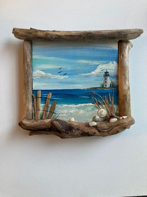 Original, "one of a kind", beautifully, hand-painted picture of Fayerweather Island Light (Blackrock Harbor Light) in Bridgeport, CT. Acrylic paint on a piece of wood and hand-gathered driftwood and other beach treasures create this unique piece. The size is approximately 6 inches square.  A "sawtooth" hanger is fixed to the back, making it ready to hang. Signed and dated All sales are final, No refunds. Thank you for understanding. Beach Driftwood Crafts, Painted Driftwood Art, Beach Wood Crafts, Driftwood Crafts Ideas, Driftwood Projects Unique, Beach Art Projects, Driftwood Painting, Driftwood Signs, Driftwood Ideas