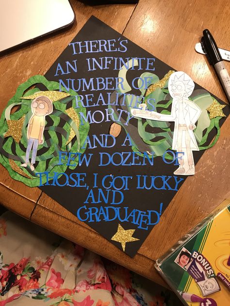 Rick & Morty Grad Cap design. Created for IU’s 2017 graduation ceremony. Graduation Cap Rick And Morty, Graduation Cap Designs South Park, Rick And Morty Graduation Cap, Grad Cap Design, Cap Inspiration, Graduation Things, Grad Hats, Graduation Hats, Graduation Cap Decoration Diy