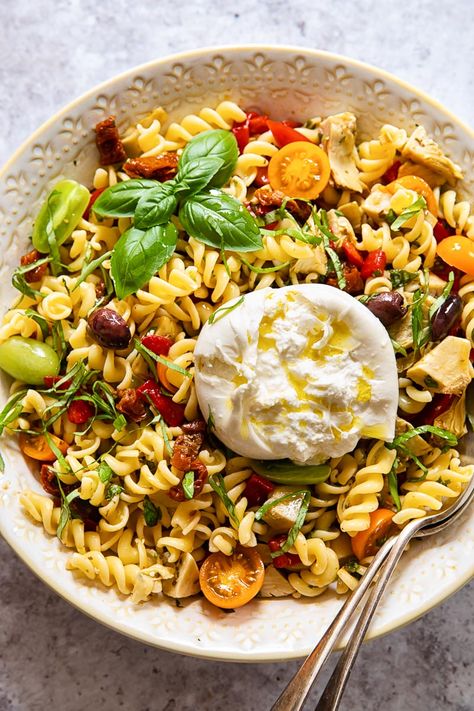 Pasta Salad with Burrata and Lemon Basil Vinaigrette Burrata Pasta Salad, Arugula Buratta Salad, Burrata Lemon Pasta, Tomato Basil Burrata Pasta, Lemon Arugula Pasta Salad, Fennel Burrata Salad, Asian Salmon Recipes, Lemon Basil Vinaigrette, Coconut Lentil Curry