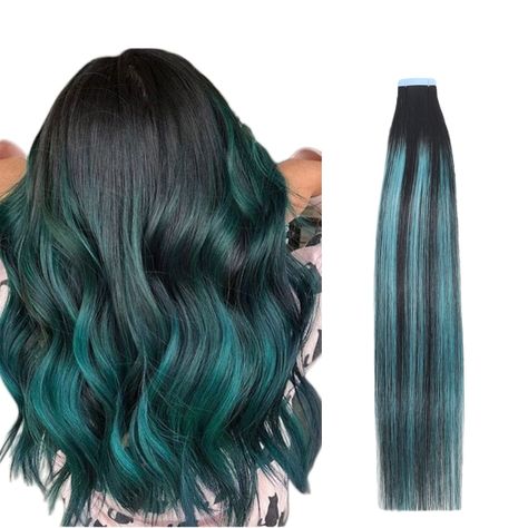 Teal Hair Extensions, Balayage Black, Balayage Extensions, Dark Green Hair, Teal Hair, Green Highlights, Balayage Color, Hair Salons, Tape In Hair Extensions