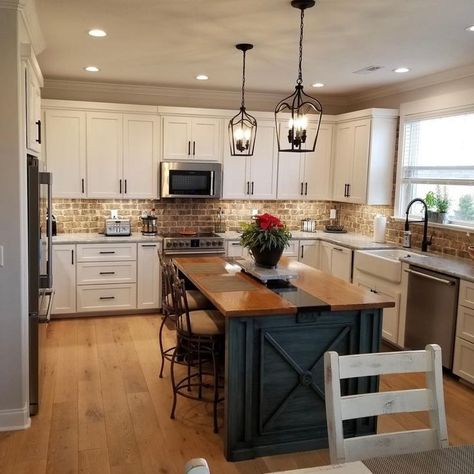 1960s Home Remodel, Natural Oak Flooring, Cozy Cottage Kitchen, Solid Hardwood Flooring, Farmhouse Kitchen Lighting, White Oak Hardwood Floors, Light Hardwood Floors, Brick Backsplash, Rustic Modern Kitchen