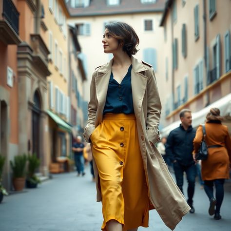 Mustard Yellow A-Line Skirt with Navy Blouse and Camel-Colored Trench Coat: A Perfect Fall Look Camel Trench Coat, Maxi Skirt Outfit, Mustard Skirt, Maxi Skirt Outfits, Navy Blouse, Classic Trench Coat, Coat Stands, Fall Fashion Trends, Fall Looks