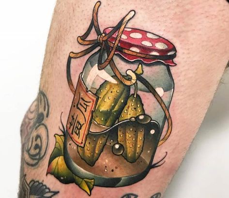 Cucumbers in a bottle tattoo by Grecha Tattoo Mason Jar Tattoo, Jar Tattoo, Food Tattoos, Bottle Tattoo, Tattoo Magazine, Rat Bike, Tattoo Care, Tatuaje A Color, Tattoo Girl