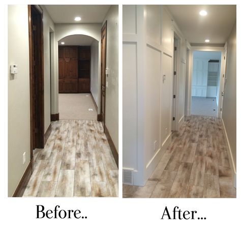 Before and After on our renovated home. Here is the hallway. Before, all stained wood and After is replaced base boards, and all doors, cabinets and walls painted white. Paint makes such a difference! Follow Instagram @lovethelifeilovemom Wood Trim Painted White Before And After, Paint Wood Trim White Before And After, Walls And Doors Same Color, Painting Wood Trim, Future Space, Brown Trim, Painting Trim, Stained Wood, Wood Trim