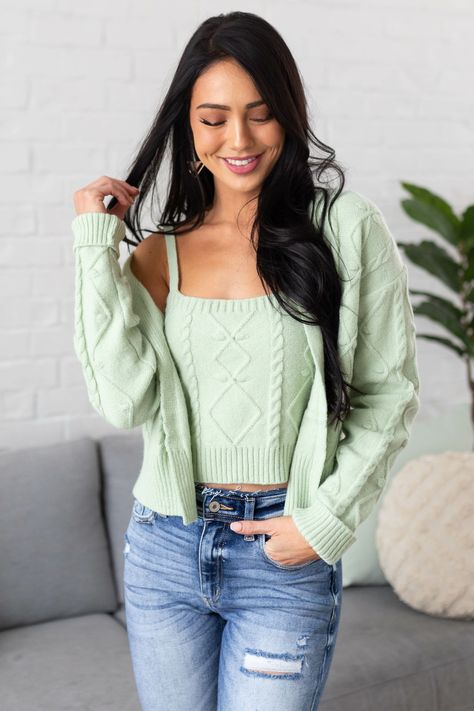 Pastel Sage Knit Crop Top and Cardigan Set || Women's Sweaters | Sweaters | Sweaters for Women | Sweaters & Cardigans | Sweaters aesthetic | Sweaters outfit | women's sweaters winter | women's sweaters 2021 | women's sweaters cardigan | autumn sweater | autumn outfit | autumn sweater outfit Sweater Autumn Outfit, Crop Top And Cardigan, Sweaters Aesthetic, Sweaters Outfit, Sweaters Winter, Aesthetic Sweaters, Cute Tops For Women, Autumn Sweater, Lime Lush Boutique