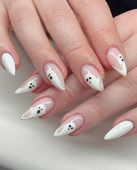 Cute Spirit ghost Halloween Nails 👻✨ #winterparknails #orlandonails #maitlandnails #orlandonailtech #ghostnails #halloween2024 #fallnails2024 #halloweennails #instanails #nailsofinstagram #fyp #fypchallenge #fypシ #fyppage Ghosts Nail Designs, Soft Gothic Nails, Ghost Fall Nails, Nail Ghost Design, Ghost Nails Diy, Cute Ghost Halloween Nails, Ghost Tip Nails, Little Ghost Nails, Orange Ghost Nails