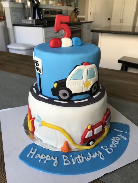 Police Birthday Party Cake, Emergency Vehicle Birthday Cake, Police Car Cakes For Boys, Birthday Cake Police Theme, Fire Truck And Police Car Birthday Cake, Fire Truck Police Car Ambulance Cake, Police Car Cakes, Police Themed Birthday Party, Police Cakes