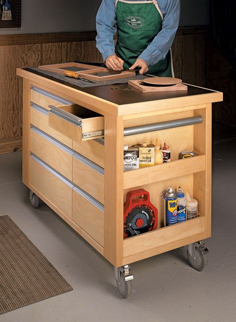 Work Cart, Tool Carts, Woodsmith Plans, Mobile Workbench, Woodworking Storage, Woodworking Bench Plans, Tool Cart, Shop Cabinets, Workbench Plans