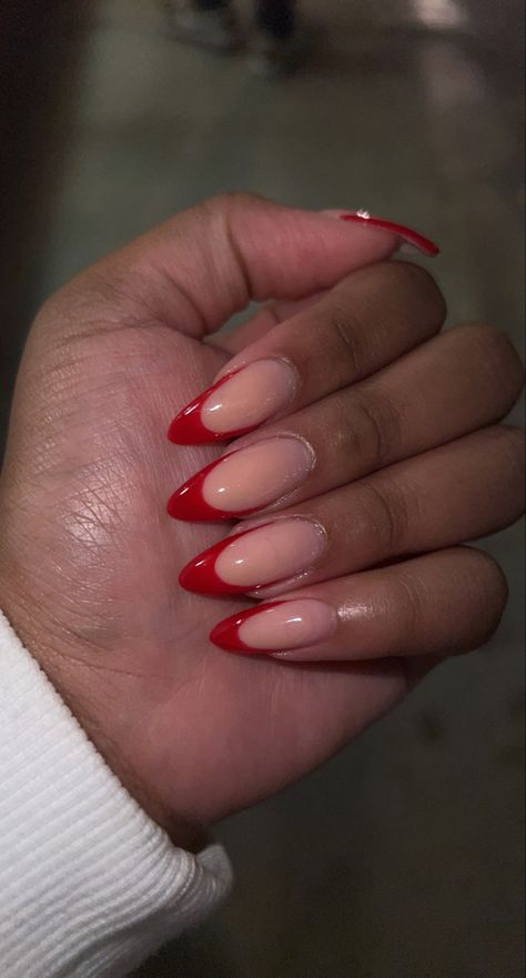 Ted French Tip Almond Nails, Red Nail Set Almond, Red Tip Acrylic Nails Almond, Almond Shaped Red French Tip Nails, Red French Tip Acrylic Nails Almond, Red Deep French Tip Nails, Formal Red Nails, Almond Nails Red Tip, Red Outline Nails