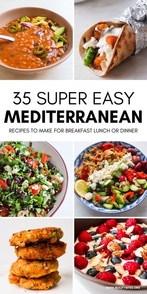 Anyone can make these quick and easy Mediterranean recipes, the collection includes fresh, flavorful and healthy simple Mediterranean breakfast ideas, appetizers, soups and salads as well as fast dinners. Fast Mediterranean Diet Recipes, Low Cholesterol Mediterranean Recipes, Mediterranean Diet Recipes Lunch Low Carb, Mediterranean Diet Taco Recipes, Quick And Easy Mediterranean Dinner Recipes, Mediterrian Diet Breakfast, Easy Mediterranean Lunch Recipes, Mediterranean Dinner Recipes Healthy, Mediterranean Tacos Recipes