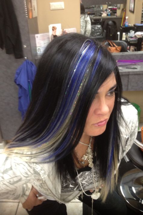 Blue hair extensions on black hair  Outlined with blue and black shimmer string. Amazing Blue Hair Extensions, Extra Fashion, Black Hair Extensions, Girly Stuff, Blue And Black, Blue Hair, Girly Things, Hair Extensions, Black Hair