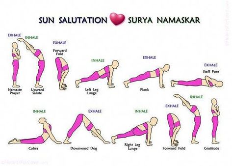 The Yoga Postures of Surya Namaskar or Sun Salutations in 12 steps. A perfect way to remember to do it, to practice it and to do it in the proper sequence. Surya Namaskar Benefits, Yoga Sun Salutation, Ashtanga Vinyasa Yoga, Yoga Vinyasa, Surya Namaskar, Yoga Iyengar, Yoga Moves, Basic Yoga, Outfit Yoga