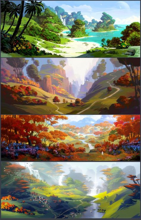 Easy Acrylic Painting, Landscape Concept, Landscape Drawings, Fantasy Art Landscapes, Landscape Illustration, Environment Design, Environment Concept Art, Drawing Tutorials, Environmental Art