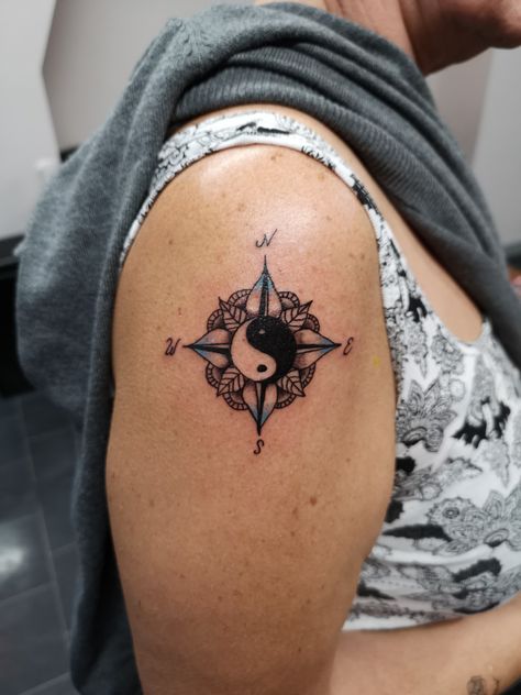 My latest one done today..put together from 3 separate pictures. Compass tattoo, “yin yang” upper arm Yin Yang Compass Tattoo, Tattoo Yin Yang, Upper Arms, Ying Yang, Compass Tattoo, Inspirational Tattoos, Put Together, Yin Yang, I Tattoo