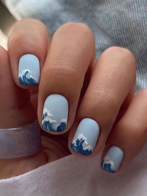 Beachy Nail Designs, Dark Green Nail Polish, Essie Nail Polish Colors, Teen Nails, Cruise Nails, Wave Nails, Blue Gel Nails, Beachy Nails, Natural Nail Designs