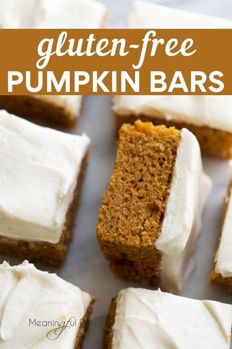 Overhead image of a gluten-free pumpkin bar with cream cheese frosting Fall Desserts Gluten Free, Gluten Free Pumpkin Desserts, Gluten Free Pumpkin Cake, Gluten Free Pumpkin Bars, Gluten Free Pumpkin Recipes, Bars Healthy, Pumpkin Sheet Cake, Cinnamon Cream Cheese, Gluten Free Thanksgiving