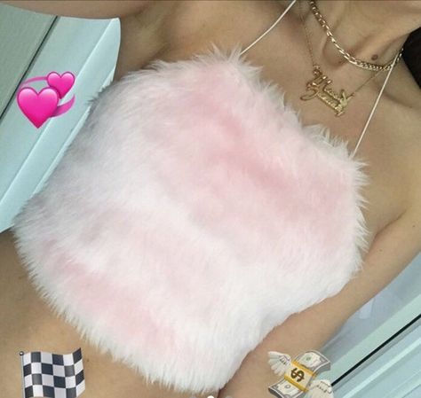 Fluffy Crop Top, Strappy Tops, Fluffy Top, Pink Faux Fur Jacket, Barbie Aesthetic, Classy Prom Dresses, Pink Faux Fur, Strappy Top, Crop Top Outfits