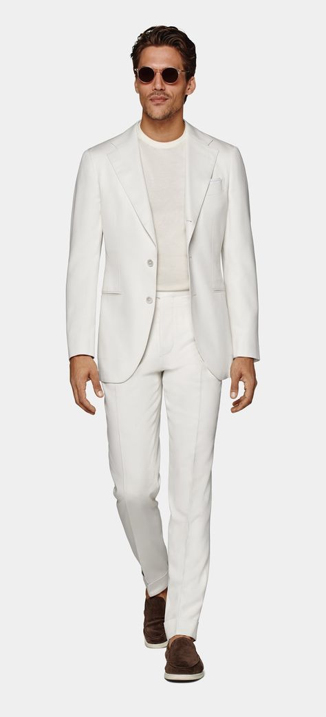 Off-White Havana Suit | Pure Silk Single Breasted | SUITSUPPLY US White Party Attire, Pilgrim Outfit, Hamptons Party, Ivory Outfit, White Attire, Ivory Suit, White Linen Suit, Cabo Wedding, Italian Suit