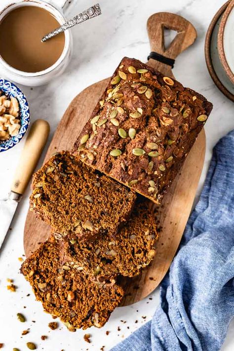 The Best Easy Pumpkin Bread Recipe made from scratch without a mixer. Packed with fall spices, this healthy pumpkin loaf is incredibly delicious and moist. #pumpkinbread #healthypumpkinbread #recipe #pumpkinspice #pumpkinloaf #foolproofliving #healthybaking Bread Photography Styling, Easy Pumpkin Bread Recipe, Bread Photography, Easy Pumpkin Bread, Bread Recipe Video, Healthy Pumpkin Bread, Pumpkin Spice Bread, Pumpkin Bread Easy, Dairy Free Pumpkin