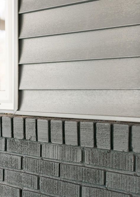 Grey exterior siding with dark grey stained brick Pinterest//tamielisabeth Gray Siding With Brick Exterior, Medium Grey House Exterior, Exterior Brick House Colors, Sunroom Ceiling, Brick Staining, Brick House Colors, Exterior Siding Options, Brick Porch, Gray Brick