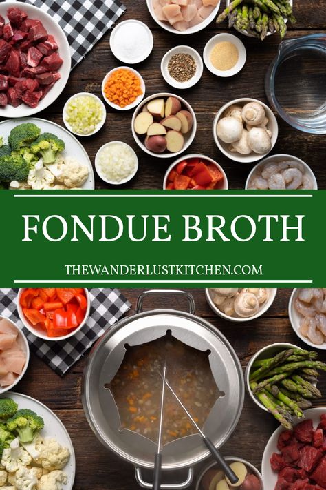 Fondue Meat Cooking Times, Broth Fondue Dippers Ideas, Broth Fondue Ideas, Chinese Fondue Broth, Fondue Broth Recipes Meat, Broth For Fondue Meat, Chicken Broth Fondue Recipes, Broth Fondue Dippers, Melting Pot Fondue Recipes Broth