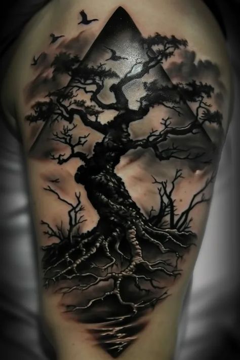 Tattoo idea: tattoo sketch Simplified Tree of Life A basic tree wit 1 Tree Of Life Tattoo Men Shoulder, Realism Tree Tattoo, Majestic Tree, Idea Tattoo, Tree Tattoos, Black Cat Silhouette, New Tattoo Designs, Tree Of Life Tattoo, Detailed Tattoo