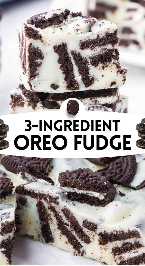 An easy 3 ingredient oreo fudge recipe made with chunks of oreo cookies in creamy white chocolate fudge. Full of sweet cookies and cream flavor! #Fudge #OreoCookies Easy No Bake Fudge, 3 Ingredient Oreo Dessert, 3 Ingredient Oreo Fudge, Oreo Cookies Recipes, Easy 3 Ingredient Desserts, Dax Emry, Ww Baking, Oreo Fudge Recipe, Fantastic Fudge