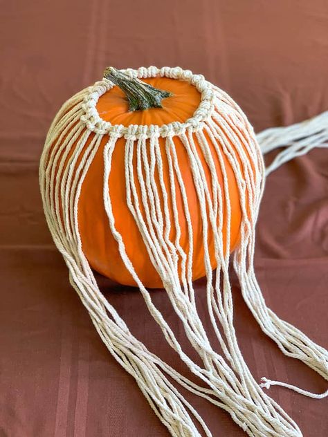 How To Make A DIY Macrame Pumpkin Cover - Joyful Derivatives How To Make Macrame Pumpkin, Dollar Tree Pumpkin Wreath Macrame, Macrame Fall Leaves, Macrame Pumpkin Tutorial, Thanksgiving Macrame Ideas, Macrame Pumpkin Cover, Macrame Fall Diy, Fall Macrame Ideas Diy, Macrame Pumpkin Diy