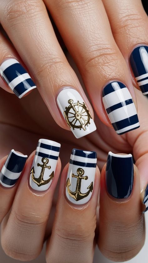 35 Summer Nail Art Designs : Perfect For Matching Swimsuits Nautical Nail Designs, Summer Nail Art Designs, Nautical Nails, Summer Nail Art, Nail Art Designs Summer, Inspired Nails, Ship Wheel, Striped Nails, Fruit Design