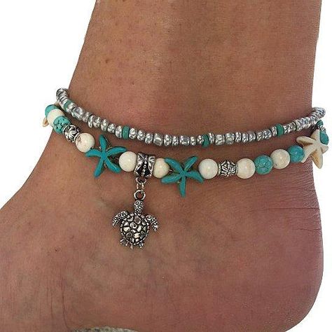 Have summer fun at the beach... Be at ease in your own shell like the turtle... Keep moving slowly and swimming steadily with the currents so you can get far and ahead on your journey!  Wear the anklet and promise yourself to age gracefully like the Sea Turtle!  DETAILS: The anklet has Turquoise and White colored all n Turtle Anklet, Beach Turtle, Starfish Anklets, Beaded Ankle Bracelets, Beaded Ankle, Ankle Jewelry, Anklets Boho, Beach Anklets, Women Anklets