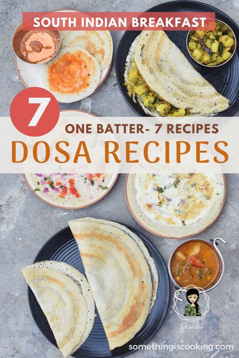 Here's a collection of 7 Easy Dosa recipes you can make at home with one batter including Ghee Roast, Masala Dosa, Uthappam, Set Dosa, Egg Dosa. Best South Indian Breakfast recipes that are quick to make. Egg Dosa Recipe, Dosa Recipe Easy, Stir Fry Vegetarian, Podi Dosa, Paper Dosa, Egg Dosa, South Indian Food Recipes, Roti Indian, Appetizers Indian