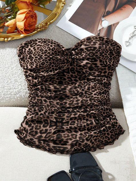 Women Casual Knit Mesh Leopard Print Fitted Camisole Top Multicolor Casual  Sleeveless Knitted Fabric Leopard Print,Textured Pattern  Medium Stretch  Women Clothing, size features are:Bust: ,Length: ,Sleeve Length: Leopard Print Tube Top, Mesh Tops, Style Punk, Y2k Outfits, Strapless Tops, Leopard Pattern, Inspiration Mode, Kids Beachwear, Women Tops