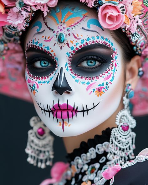 La Catrina 🌸💀 The iconic symbol of Día de los Muertos ✨ Catrina Makeup, Skull Ideas, Dead Makeup, Amazing Halloween Makeup, Candy Skulls, Sugar Skull Art, Makeup Artistry, Sugar Skulls, Bike Helmet