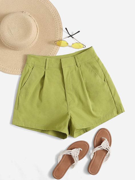 Lime Green Casual Collar  Fabric Plain Wide Leg Embellished Non-Stretch Spring/Summer/Fall Women Bottoms Short Verde, Short Pollera, Lime Green Shorts, Outfits Mit Shorts, Seluar Pendek, Drawstring Waist Shorts, Spring Shorts, Women Shorts, Beige Style