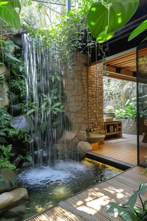 Home Waterfall Outdoor, Tulum Spa, Luxury Backyards, Small Garden Waterfalls, Stone Water Features, Kolam Koi, Detail Arsitektur, Desain Lanskap, Casa Country